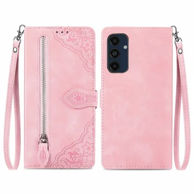 For Samsung Galaxy A16 5G / A16 4G Zipper Wallet Case with Strap Flower Imprint PU Leather Phone Cover - Pink