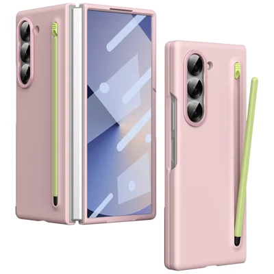 For Samsung Galaxy Z Fold6 5G Case Hard PC Phone Cover with Tempered Glass Film and Stylus - Pink