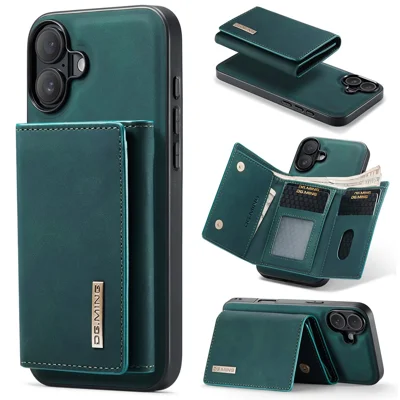 DG.MING M1 Series for iPhone 16 Plus Case Kickstand PU Phone Cover with Detachable Wallet - Green