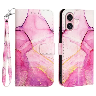 For iPhone 16 Plus Case with Strap Marble Pattern Leather Phone Cover Card Holder  - Pink / Purple / Gold LS001