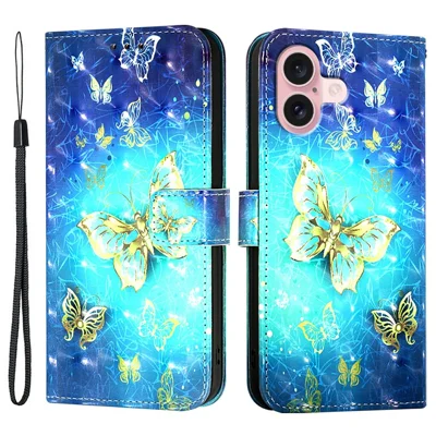 For iPhone 16 Leren Hoesje met Patroonprint Portemonnee Stand Mobiel Hoesje met Bandje - Gouden Vlinders