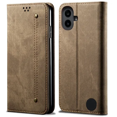 For Nothing CMF Phone 1 Case Jeans Cloth Texture Anti-Scratch Leather Stand Phone Cover - Khaki