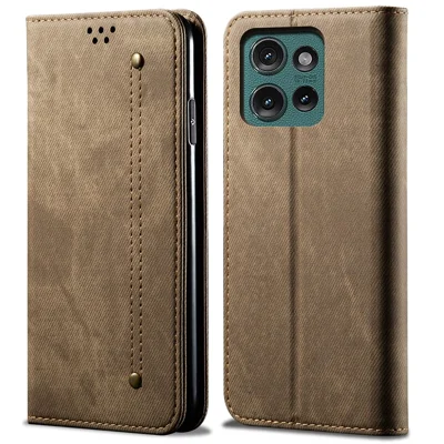 Voor Motorola Edge 50 5G hoesje met stofjeansstructuur, anti-kras leren standaard telefoonhoes - Kaki