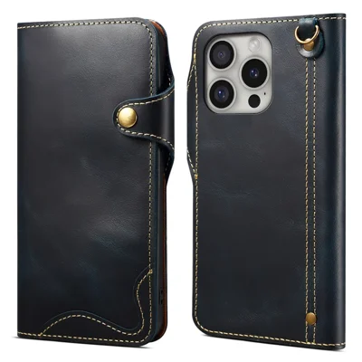 For iPhone 16 Pro Max Case Waxy Genuine Cow Leather Phone Wallet Shockproof Cover - Blue