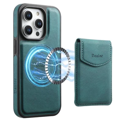DENIOR D19 For iPhone 15 Pro Magnetic Case Leather+PC+TPU Cover with Detachable Card Bag - Blue