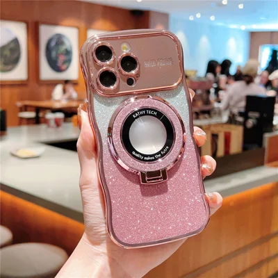 For iPhone 16 Pro Magnetic Case Curly Frame TPU Gradient Glitter Phone Cover with Kickstand - Rose Pink