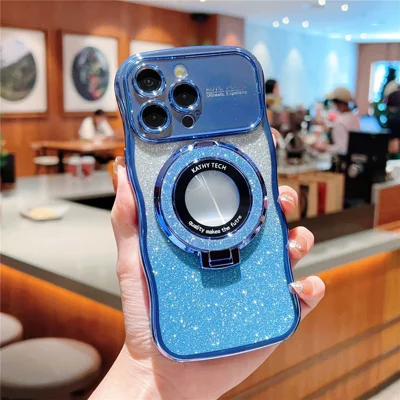 For iPhone 16 Pro Magnetic Case Curly Frame TPU Gradient Glitter Phone Cover with Kickstand - Blue