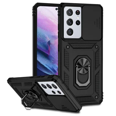 PC + TPU Hybrid Case for Samsung Galaxy S21 Ultra 5G, Slide Camera Protection Metal Ring Kickstand Phone Cover - Black