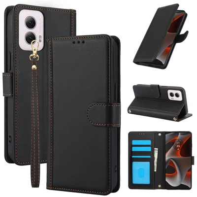 SY-003 For Motorola Moto G Power (2024) Case PU Leather Stand View Phone Wallet Cover with Hand Strap - Black