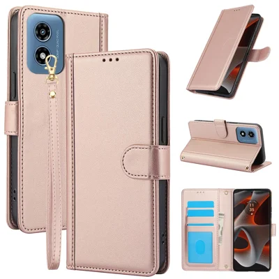 SY-003 For Motorola Moto G 5G (2024) / Moto G Play 5G (2024) Case PU Leather Stand View Phone Wallet Cover with Hand Strap - Pink