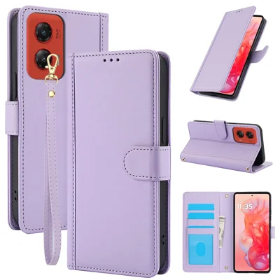 SY-003 For Motorola Moto G45 5G / G34 5G Case PU Leather Stand View Phone Wallet Cover with Hand Strap - Purple