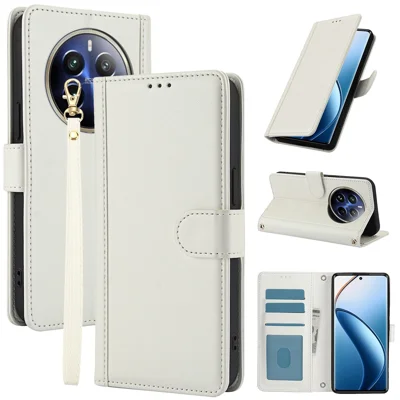 SY-003 For Realme P1 Pro 5G / 12 Pro+ 5G / 12 Pro 5G Case PU Leather Stand View Phone Wallet Cover with Hand Strap - White