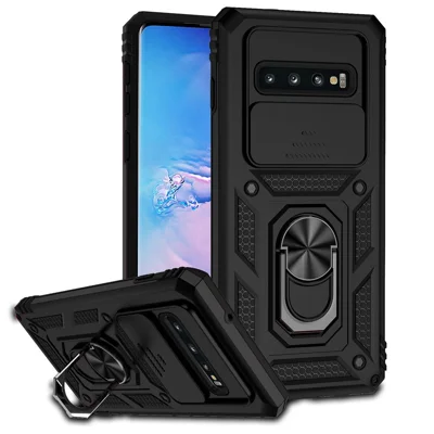 Metal Ring Kickstand Anti-drop Case for Samsung Galaxy S10 4G, Slide Camera Protection PC + TPU Hybrid Phone Cover - Black