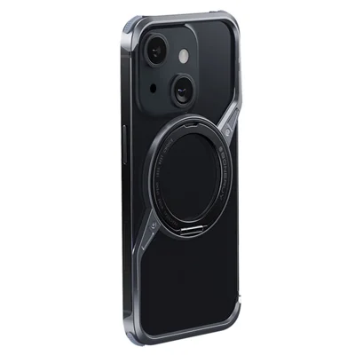 For iPhone 14 Bumper Phone Case Rotary Ring Kickstand Aluminium Alloy S-Shape Magnetic Cover - Grey
