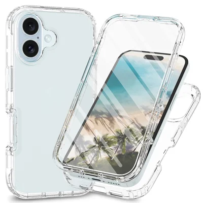 For iPhone 16 Plus Case TPU+PC Full Protection Shockproof Phone Cover with PET Screen Guard - Transparent