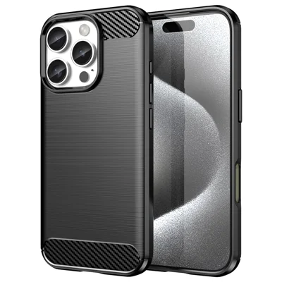 For iPhone 16 Pro Max Case Carbon Fiber Texture TPU Brushed Phone Cover - Black