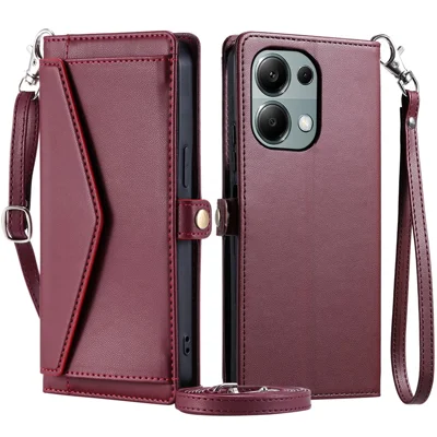 For Xiaomi Poco M6 Pro 4G  /  Redmi Note 13 Pro 4G Leather Case Wallet Stand Phone Cover with Straps - Wine Red
