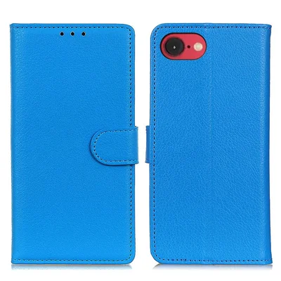 Etui portfelikowe na iPhone 16e, pokrowiec z syntetycznej skóry PU z fakturą licha, kolor niebieski