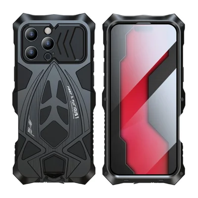 LUPHIE For iPhone 16 Pro Max Case Sports Car Design Shockproof Metal+TPU Phone Cover with Screen Protector - Black