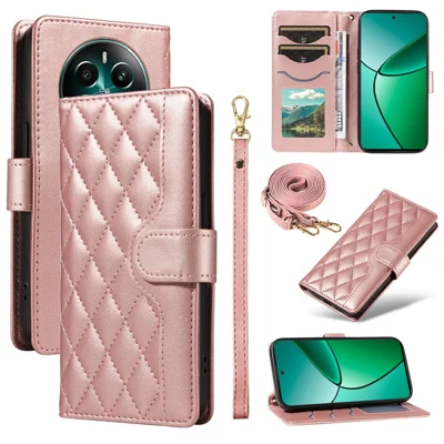 For Realme Narzo 70 5G / Narzo 70 Pro 5G / P1 5G / 12 4G / 12+ 5G Case Wallet Rhombus Leather Phone Cover with Shoulder Strap, Wrist Strap - Rose Gold