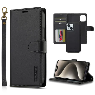 LC.IMEEKE L2 Series for iPhone 15 Case PU Leather Wallet Detachable Magnetic Phone Cover - Black