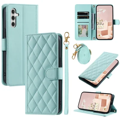 For Samsung Galaxy S24 FE Wallet Case Rhombus Grid PU Leather Phone Cover - Mint Green