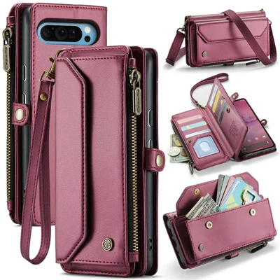 For Google Pixel 9 Pro XL Leather Case CASEME C36 Zipper Multiple Card Slots Phone Cover with Straps - Wine Red