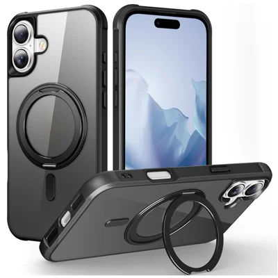 Til iPhone 16 Case Kompatibel med MagSafe Rotérbar Ring Stand TPU+PC Telefonbeskyttelse - Sort