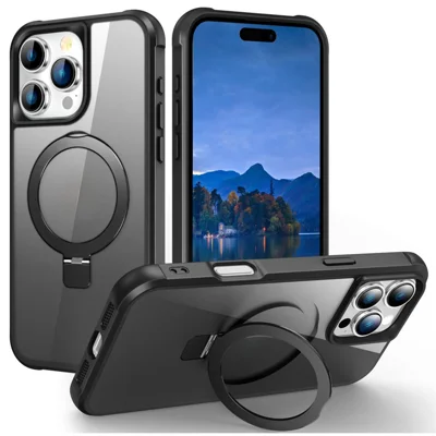 For iPhone 16 Pro Max Case Compatible with MagSafe Ring Holder Kickstand TPU+PC Phone Cover - Black