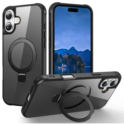 For iPhone 16 Hoesje Compatibel met MagSafe Ringhouder Stand TPU+PC Telefoonhoesje - Zwart