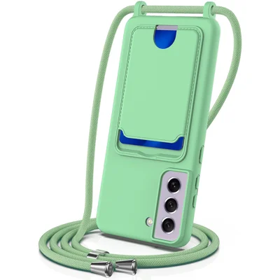 For Samsung Galaxy S21 FE 5G Case Liquid Silicone Card Holder Phone Back Cover with Lanyard - Green
