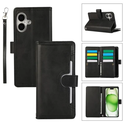 Til iPhone 16 Case Split Læder Magnetisk Wallet Telefonbeskytter med Håndledsrem - Sort