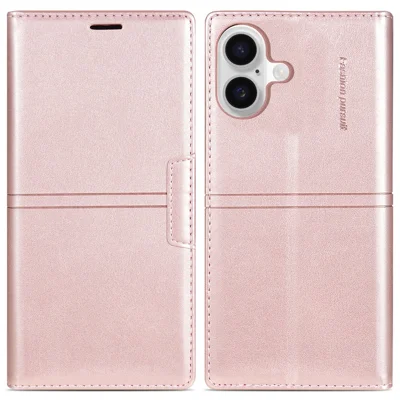 For iPhone 16 Plus Wallet Case Magnetic Closing Leather Phone Cover - Rose Gold