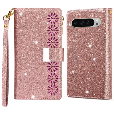 For Google Pixel 9 Pro XL Case Starry Sky Carving Leather Wallet Phone Cover - Rose Gold
