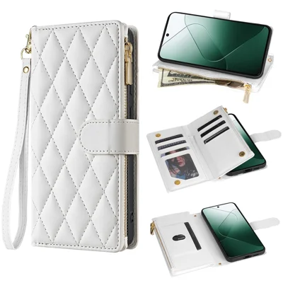 For Google Pixel 9 Pro  /  Pixel 9 Case Rhombus Stitching Leather Wallet Phone Cover with Long  /  Short Strap - White
