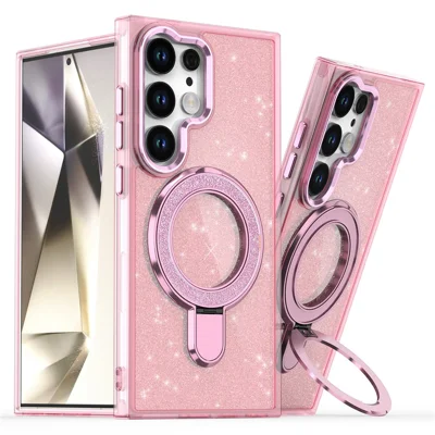 For Samsung Galaxy S24 Ultra Case Glitter Design TPU+PC Kickstand Phone Protector - Pink