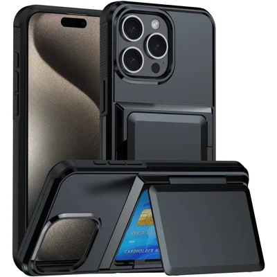 For iPhone 14 Pro Cases Card Slot TPU+PC Kickstand Phone Case - Black