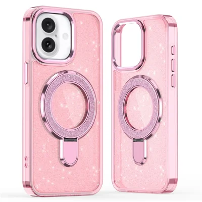 Til iPhone 16 Case med glitrende design TPU+PC støttebeskytter - Pink
