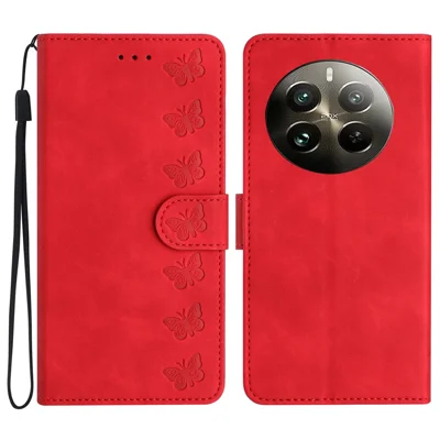 For Realme 12 4G / 12+ 5G Case Imprinted Butterfly Leather Wallet Phone Cover - Red