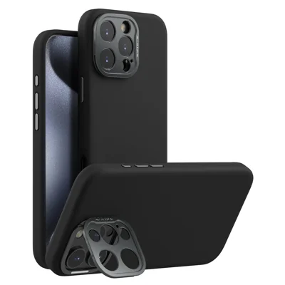 NILLKIN Lenswing Prop For iPhone 16 Pro Max Case Compatible with MagSafe Camera Lens Frame Kickstand Soft Silicone Phone Cover - Black