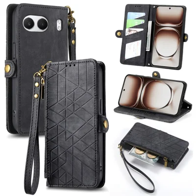 For OnePlus Nord 4 Zipper Wallet Case Geometry Lines Leather Phone Cover with Strap - Black