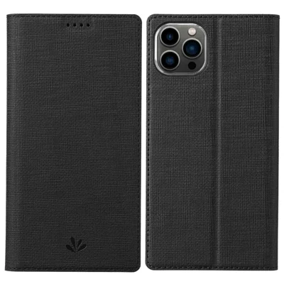 VILI Dmx-serie Für Iphone 14 Pro PU Leder Magnetisch Automatisch Absorbierte Hülle Ständer Feature Card Slot Folio Cover - Schwarz