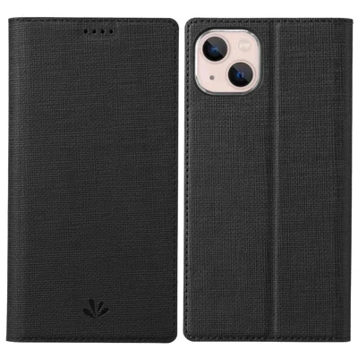 VILI DMX Series for iPhone 14 Plus PU Leather Flip Cover Card Slot Magnetic Absorption Stand Folio Phone Case - Black
