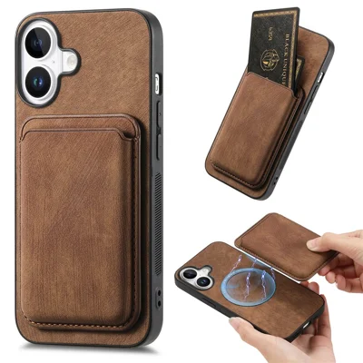 For iPhone 16 Plus Case Compatible with MagSafe Leather Back Cover with Detachable Card Holder - Brown