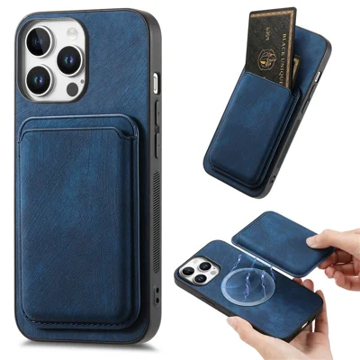 For iPhone 16 Pro Max Case Compatible with MagSafe Leather Back Cover with Detachable Card Holder - Blue