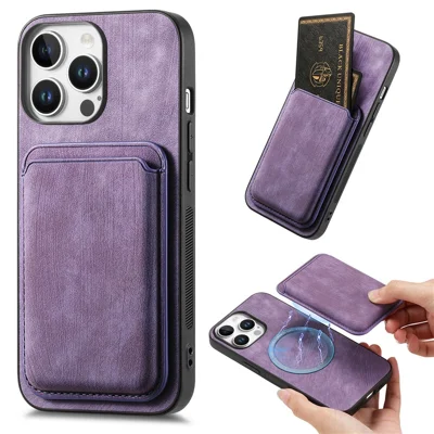 For iPhone 16 Pro Case Compatible with MagSafe Leather Back Cover with Detachable Card Holder - Purple