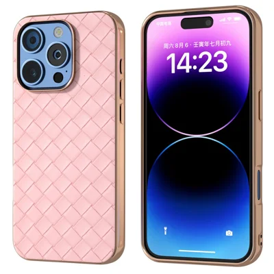Voor iPhone 16 Pro hoesje Geweven structuur Gegalvaniseerde rand Lederen gecoate PC+TPU telefoonhoes - Roze