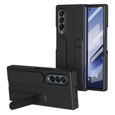For Samsung Galaxy Z Fold3 5G Case with Tempered Glass Film Kickstand Wristband PC+Silicone Phone Cover - Black