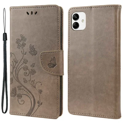 Shockproof PU Leather Case for Samsung Galaxy A04 4G (164.4 x 76.3 x 9.1 mm), Wallet Stand Imprinting Flower Butterflies Folio Flip Phone Cover with Strap - Grey
