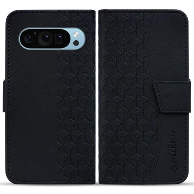 For Google Pixel 10 Pro / Pixel 10 / Pixel 9 Pro / Pixel 9 Case Rhombus Pattern Leather Wallet Phone Cover - Black
